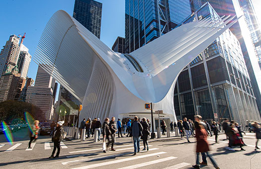 View of the Oculus from Greenwich and Fulton Streets at the World Trade Center